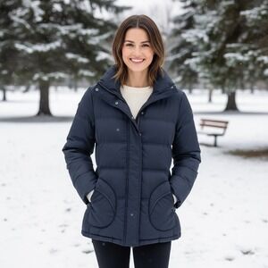 Crocodile Ladies Navy Blue Puffer Jacket‎ Stand Collar Snap Button Size Large